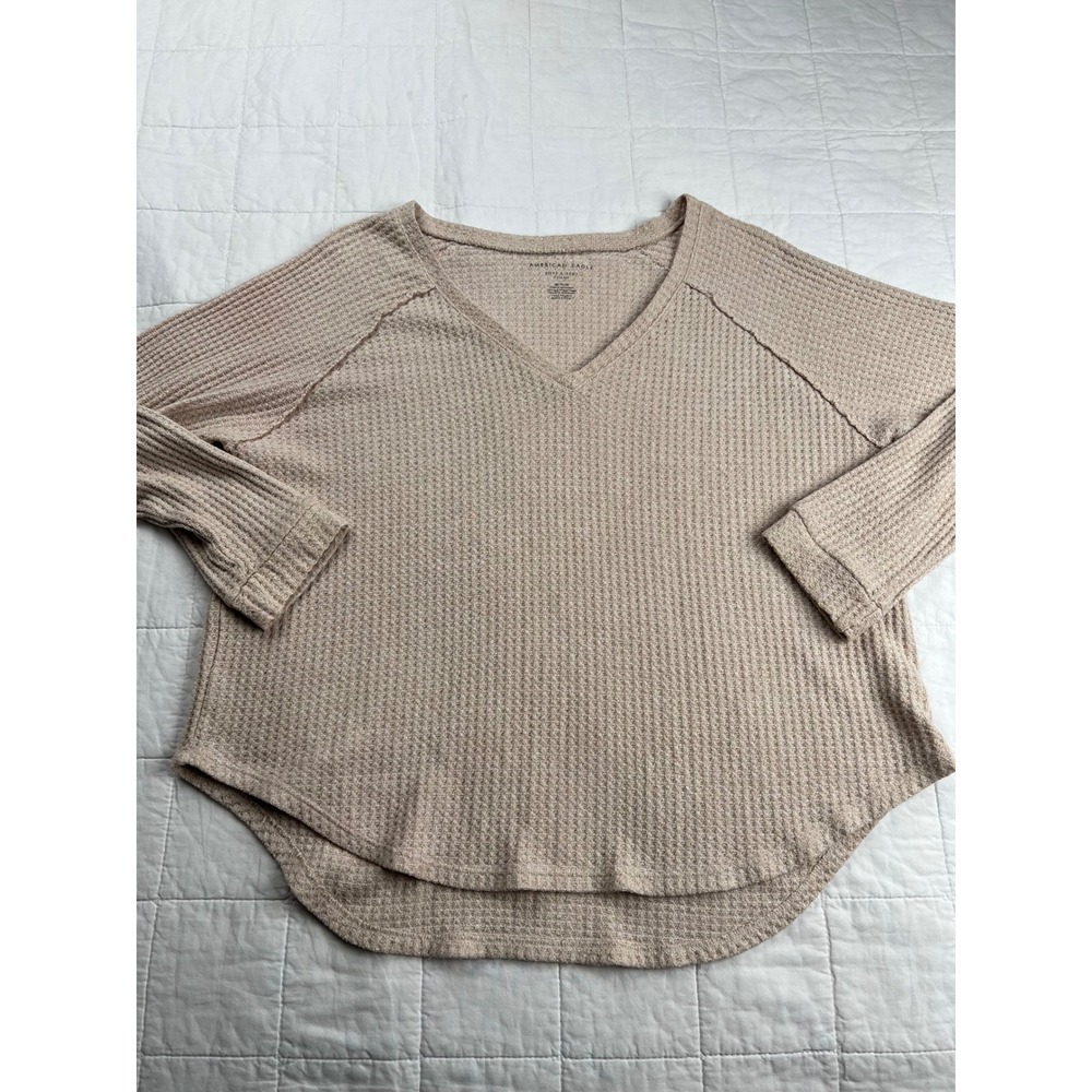 American Eagle Soft & Sexy Plush Thermal V Neck Long Sleeve Top Shirt Sz M Beige